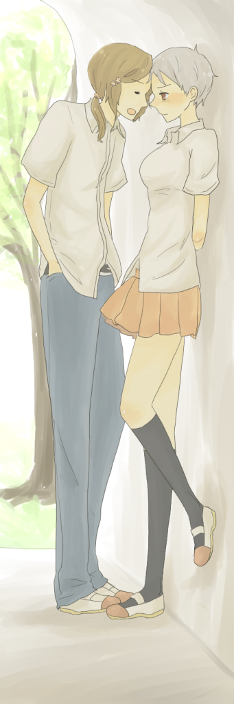 00s 1boy 1girl against_wall arms_behind_back axis_powers_hetalia black_thighhighs closed_eyes feet_against_wall foot_against_wall forehead-to-forehead gender_request genderswap grey_hair hands_in_pockets heads_together hungary_(hetalia) long_hair long_image miniskirt outdoors pleated_skirt prussia_(hetalia) red_eyes school_uniform shoes short_hair skirt socks tagme tall_image thighhighs tree uwabaki zettai_ryouiki