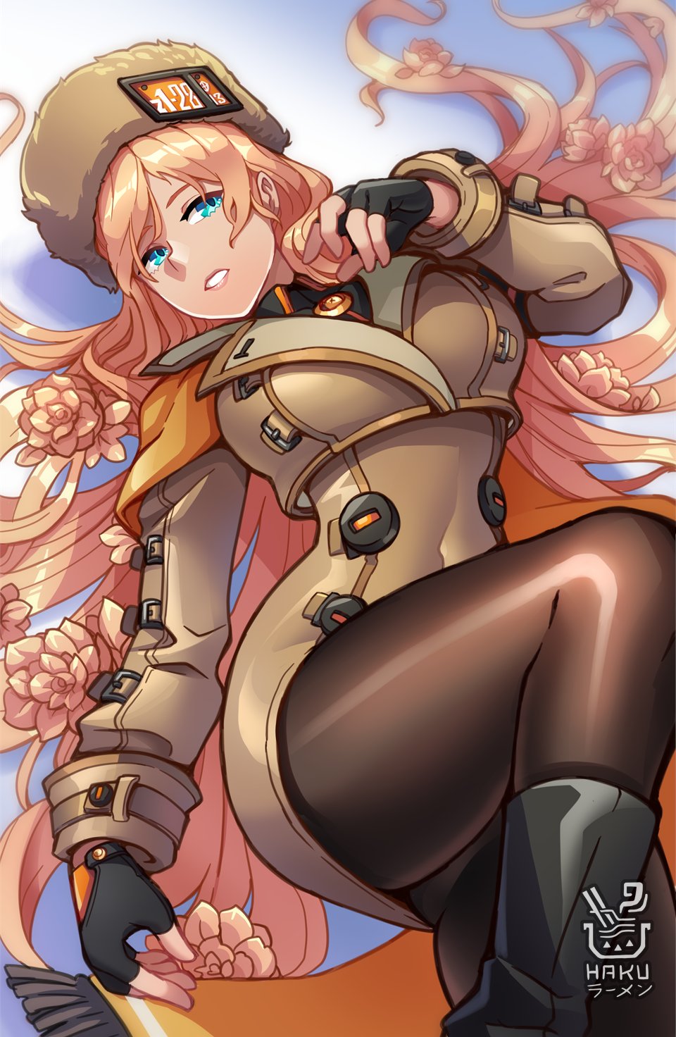 1girl artist_logo artist_name black_gloves blonde_hair breasts brown_hat commentary fingerless_gloves flower fur_hat gloves guilty_gear hair_flower hair_ornament hakuramen hat highres logo long_hair looking_at_viewer medium_breasts millia_rage pantyhose parted_lips solo teeth thighhighs very_long_hair