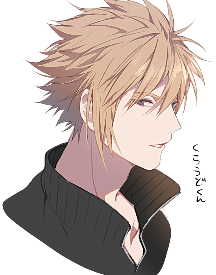 1boy blonde_hair blue_eyes character_name cloud_strife commentary final_fantasy final_fantasy_vii final_fantasy_vii_advent_children from_side hair_between_eyes high_collar looking_to_the_side male_focus parted_lips ryon_(ryonhei) short_hair spiked_hair translated