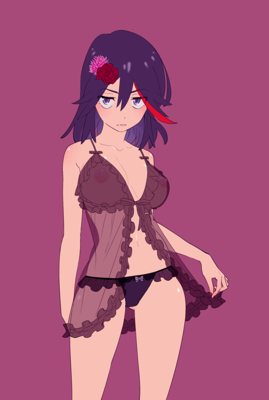 10s 1girl babydoll bad_id bad_pixiv_id black_hair blue_eyes blush breasts covered_erect_nipples cowboy_shot expressionless female_focus highres kill_la_kill looking_at_viewer matoi_ryuuko medium_breasts multicolored_hair navel nightgown nipples o-nashi_neko panties red_hair see-through_clothes shiny_skin simple_background solo standing two-tone_hair underwear