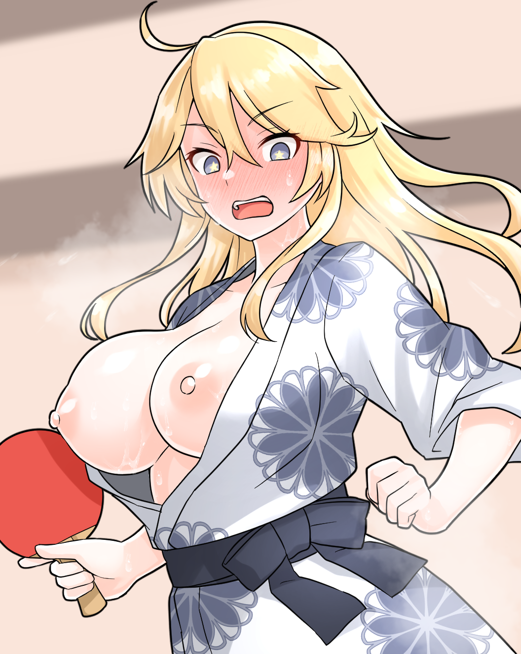 1girl alternate_costume bath_yukata blonde_hair blue_eyes breast_slip breasts embarrassed furaggu_(frag_0416) hair_between_eyes highres holding holding_paddle iowa_(kancolle) japanese_clothes kantai_collection kimono large_breasts long_hair nipples obi open_mouth paddle sash solo star-shaped_pupils star_(symbol) symbol-shaped_pupils table_tennis table_tennis_paddle yukata