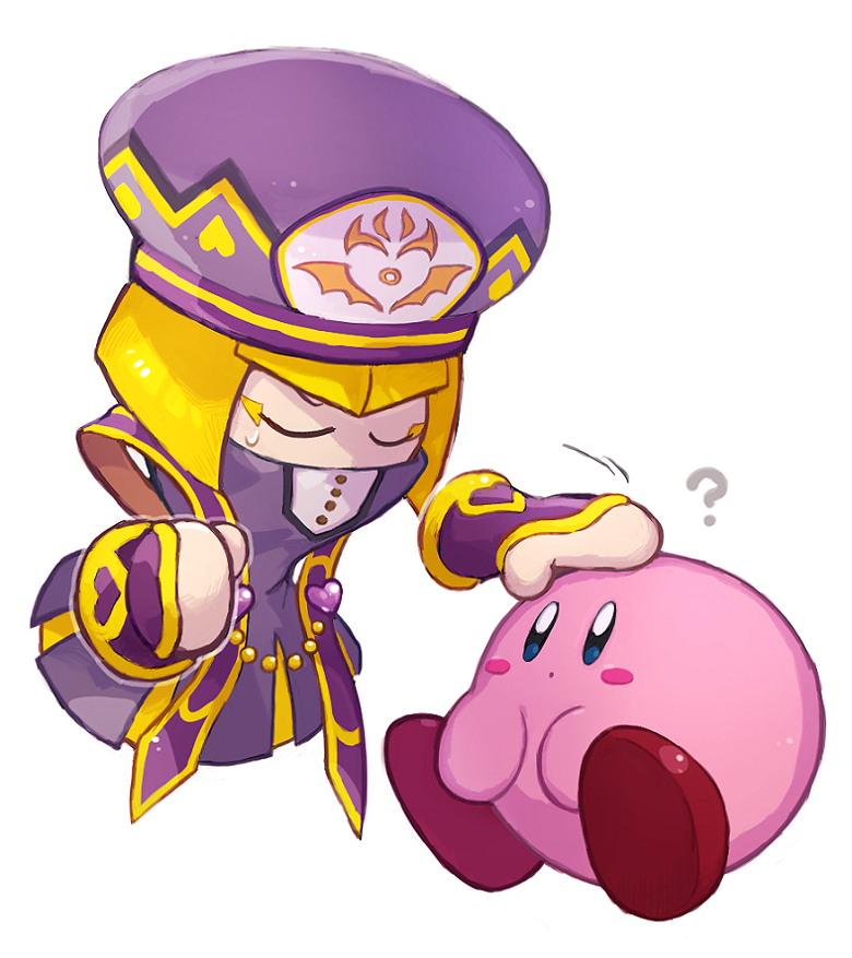 1girl :o ? beads beret blonde_hair blue_eyes blunt_ends blush blush_stickers bob_cut chiimako closed_eyes commentary_request covered_mouth dress eyeliner hand_on_another&#039;s_head hat headpat heart kirby kirby:_star_allies kirby_(series) looking_at_another makeup motion_lines nintendo purple_dress purple_hat rayman_limbs short_hair simple_background standing sweatdrop white_background yellow_eyeliner zan_partizanne