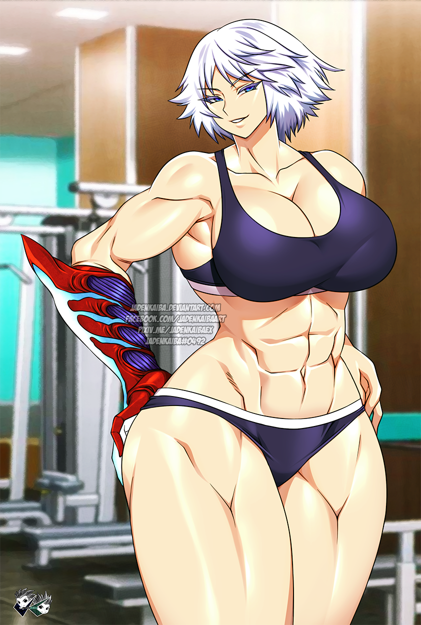 1girl abs artist_logo black_bra black_panties blue_eyes bra breasts cleavage commentary demon deviantart_username devil_bringer devil_may_cry devil_may_cry_(series) devil_may_cry_4 english_commentary facebook_username female_focus genderswap genderswap_(mtf) gym_shirt gym_shorts gym_uniform hand_on_own_thigh highres jadenkaiba large_breasts looking_at_viewer muscular muscular_female nero_(devil_may_cry) panties parted_lips pixiv_username shirt short_hair shorts smile smirk solo sports_bra thick_thighs thighs underwear underwear_only watermark web_address white_hair