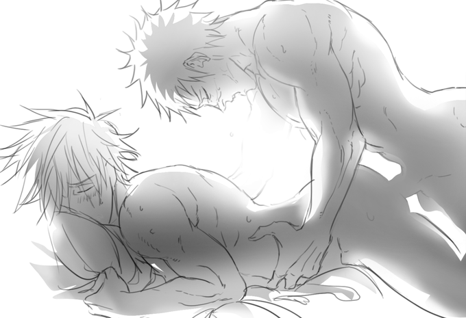 2boys anal ass back bed blush closed_eyes completely_nude couple hatake_kakashi hugging_object male_focus male_penetrated multiple_boys naruto_(series) naruto_shippuuden nude open_mouth penis pillow pillow_hug prone_bone scar scar_across_eye sex sex_from_behind short_hair siinnk sweat tongue tongue_out uchiha_obito yaoi