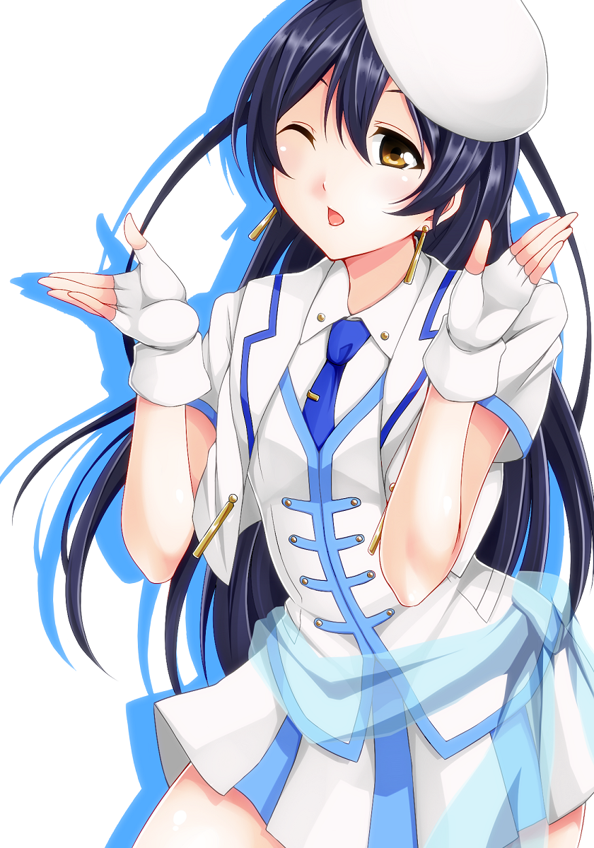 1girl artist_request blowing_kiss blue_hair blush commentary_request earrings fingerless_gloves gloves hair_between_eyes hat highres jewelry long_hair looking_at_viewer love_live! love_live!_school_idol_project necktie one_eye_closed open_mouth simple_background skirt smile solo sonoda_umi white_background white_gloves wonderful_rush yellow_eyes