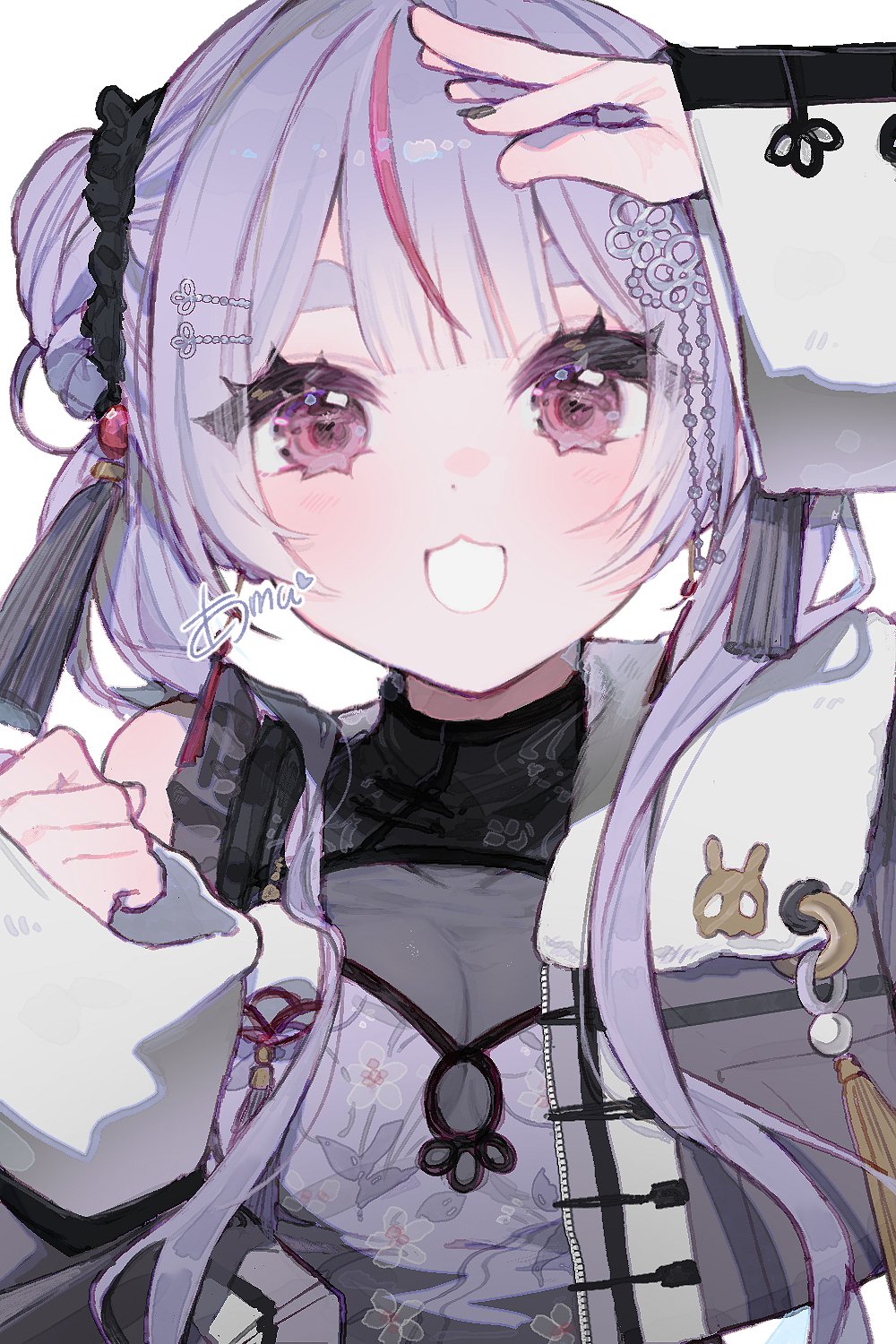 1girl :3 amane_amu_(artist) artist_name black_nails breasts cattleya_regina_games chinese_clothes commentary_request crop_top double_bun eyelashes fur_collar grey_jacket hair_bun hair_ornament hairpin hand_up highres jacket long_hair looking_at_viewer multicolored_hair nail_polish official_alternate_costume official_alternate_hairstyle open_mouth pink_eyes pink_hair pink_streaks purple_hair salute shirt short_eyebrows simple_background single_off_shoulder sleeveless sleeveless_shirt sleeves_past_wrists small_breasts smile solo straight_hair streaked_hair tassel tassel_hair_ornament thick_eyebrows tosaki_mimi tosaki_mimi_(6th_costume) twintails two-tone_hair upper_body vspo! white_background