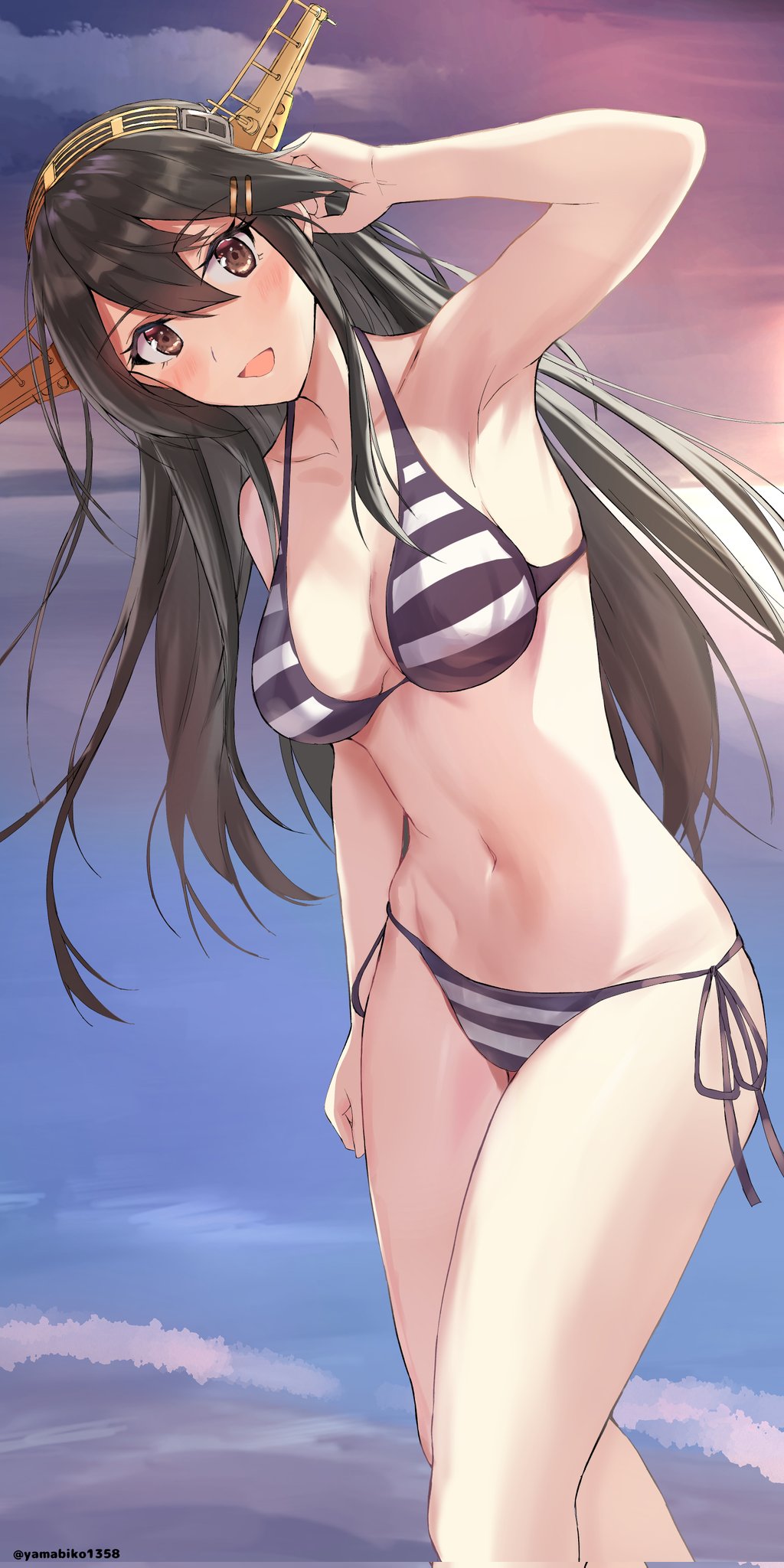 1girl alternate_costume beach bikini black_bikini black_hair blue_sky brown_eyes cloud feet_out_of_frame gold_hairband gradient_sky hairband haruna_(kancolle) headgear highres horizon kantai_collection leaning_forward long_hair mizuki_(uzuki_no_sato) navel ocean side-tie_bikini_bottom sky smile solo striped_bikini striped_clothes swimsuit