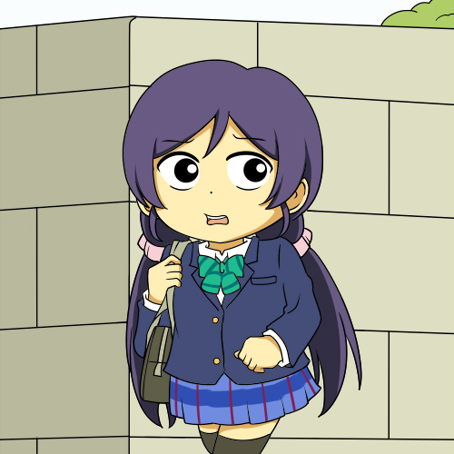 10s 1girl bag comic female_focus gundam love_live! love_live!_school_idol_project low_twintails lowres mobile_suit_gundam open_mouth purple_hair school_bag school_uniform scrunchie shiitake_nabe_tsukami solo thighhighs tojo_nozomi twintails wall zettai_ryouiki