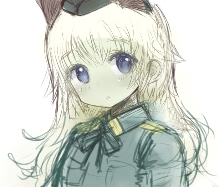 1girl blonde_hair blue_eyes chibi female_focus gradient_background helma_lennartz izuoku long_hair pastels sketch solo strike_witches strike_witches:_suomus_misfits_squadron white_background world_witches_series