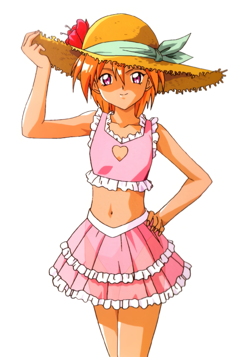 1990s_(style) 1girl arm_up bikini clothing_cutout cowboy_shot flower hand_on_own_hip hat hat_flower heart_cutout ijuuin_mei kokura_masashi looking_at_viewer midriff miniskirt navel non-web_source official_art orange_hair pink_bikini pink_eyes retro_artstyle short_hair simple_background skirt smile solo straw_hat sun_hat swimsuit tokimeki_memorial tokimeki_memorial_2 white_background