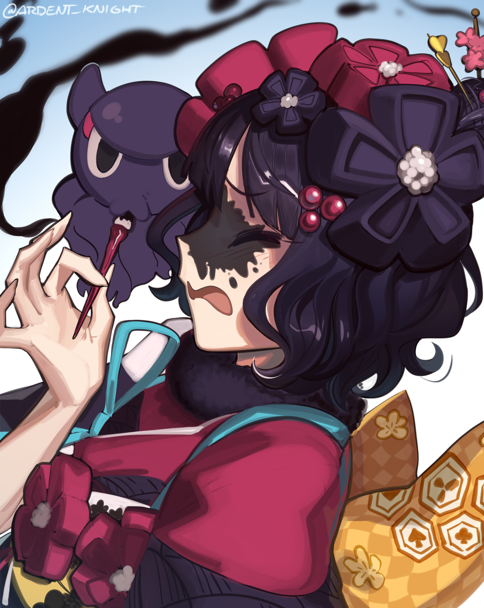 1girl boa_(brianoa) breasts calligraphy_brush closed_eyes fate/grand_order fate_(series) fur_collar hair_bun hair_ornament hair_stick highres ink ink_on_face japanese_clothes katsushika_hokusai_(fate) kimono long_sleeves medium_breasts octopus open_mouth paintbrush purple_hair purple_kimono red_kimono sash short_hair single_hair_bun tokitarou_(fate)