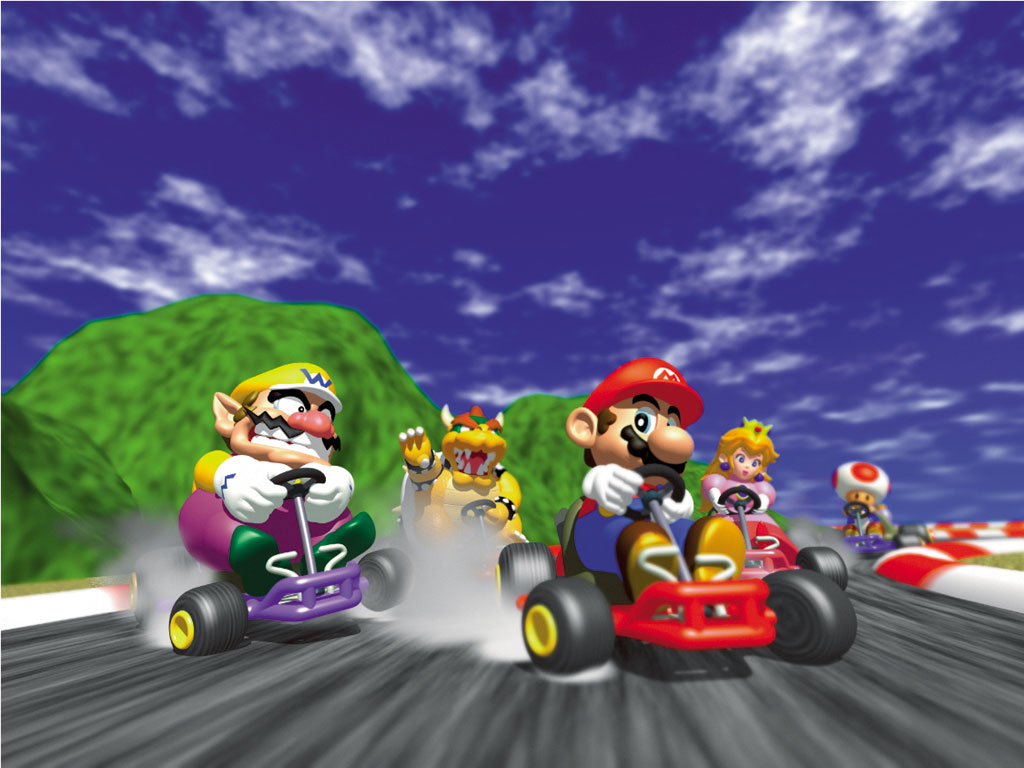 1990s_(style) 1girl 2boys 3d blonde_hair blue_eyes bowser cart clenched_teeth cloud creature crown dress drifting elbow_gloves facial_hair gloves long_hair mario mario_(series) mario_kart mario_kart_64 multiple_boys mustache nintendo official_art outdoors pink_dress pointy_ears princess princess_peach racing retro_artstyle short_hair sky super_mario_bros._1 teeth toad_(mario) wario