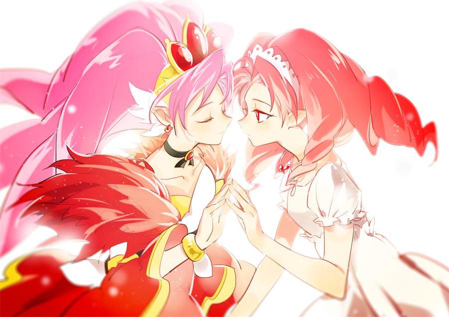 2girls akagi_towa bracelet choker collarbone cure_scarlet detached_sleeves dual_persona earrings expressionless closed_eyes go!_princess_precure hairband heke jewelry long_hair magical_girl multiple_girls pink_hair pointy_ears precure red_eyes red_hair selfcest short_hair skirt white_background white_skirt yuri