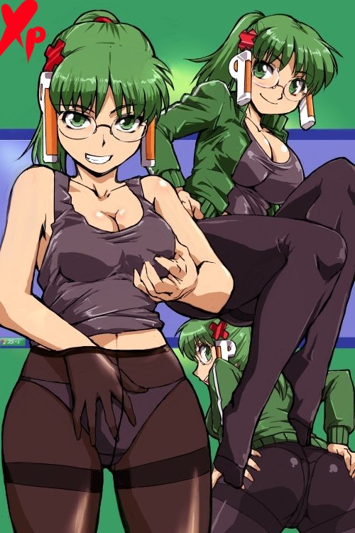 1girl ass black_pantyhose breasts crotch_seam feet glasses grabbing_another&#039;s_breast grabbing_own_breast green_eyes green_hair grin groping homeko kamisimo_90 os-tan panties panties_under_pantyhose pantyhose revision smile thighband_pantyhose underwear xp-tan xp_home-tan