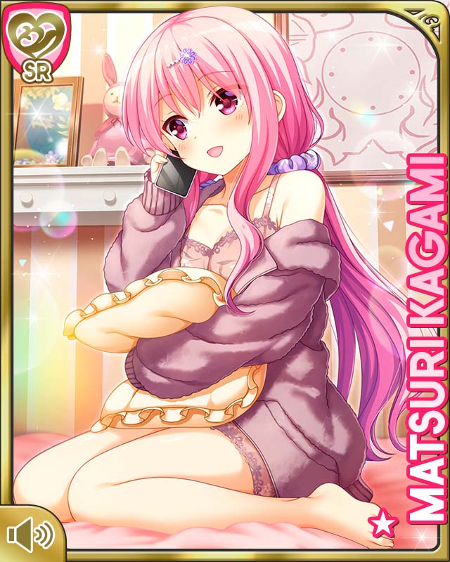 1girl barefoot bed bedroom bottomless bow breasts card_(medium) character_name girlfriend_(kari) hair_bow indoors kagami_matsuri kneeling long_hair mobile_phone official_art open_mouth pink_eyes pink_hair purple_sweater qp:flapper ribbon small_breasts smile solo sweater two_side_up