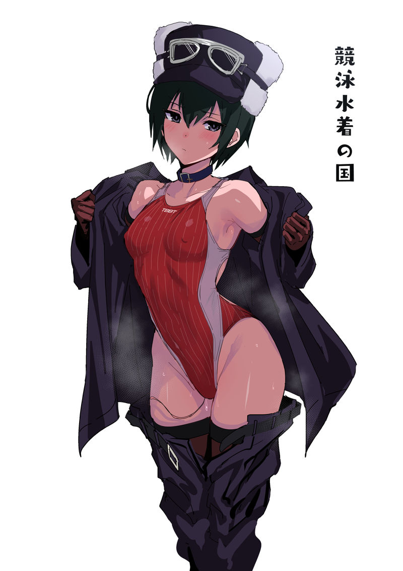 1girl armpits bare_shoulders black_coat black_eyes black_hair black_hat black_shorts blush choker closed_mouth coat competition_swimsuit covered_erect_nipples cowboy_shot gloves groin hat highleg kino_(kino_no_tabi) kino_no_tabi looking_at_viewer navel one-piece_swimsuit red_one-piece_swimsuit shorts simple_background solo standing steaming_body swimsuit tomboy two-tone_swimsuit ulrich_(tagaragakuin) undressing white_background