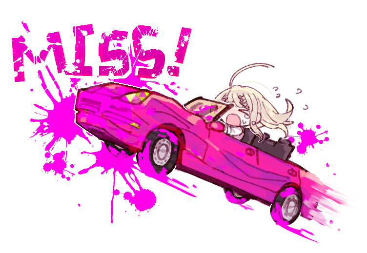 &gt;_&lt; 1girl ahoge akamatsu_kaede blonde_hair blood blood_splatter chibi commentary_request crying danganronpa_(series) danganronpa_v3:_killing_harmony driving english_text fc_(efushii) floating_hair flying_sweatdrops fortissimo hair_ornament long_hair long_sleeves musical_note musical_note_hair_ornament on_chair open_mouth pink_blood pink_vest shirt simple_background sitting solo speed_lines vest white_background white_shirt