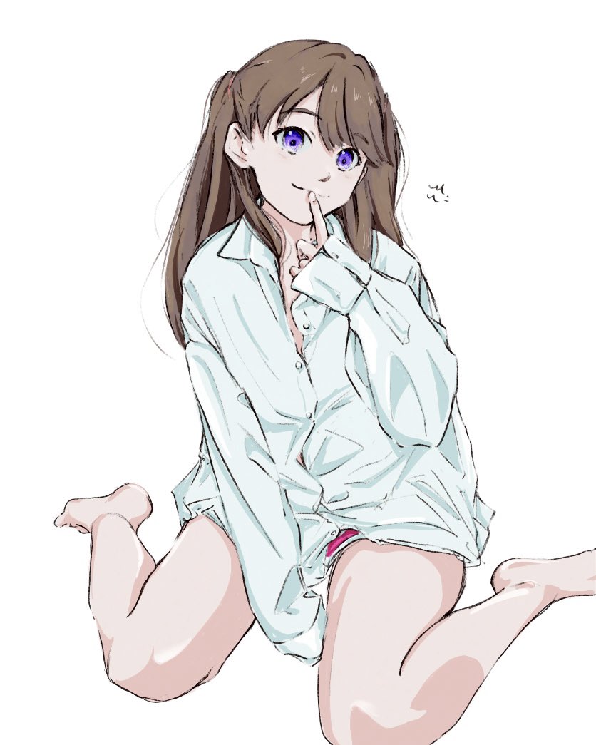 1girl alternate_costume barefoot blue_shirt brown_hair closed_mouth collared_shirt dress_shirt finger_to_mouth fujishima_megumi link!_like!_love_live! long_hair long_sleeves love_live! mame_orca oversized_clothes oversized_shirt pink_shorts purple_eyes shirt short_shorts shorts simple_background sitting sleeves_past_wrists smile solo two_side_up virtual_youtuber wariza white_background