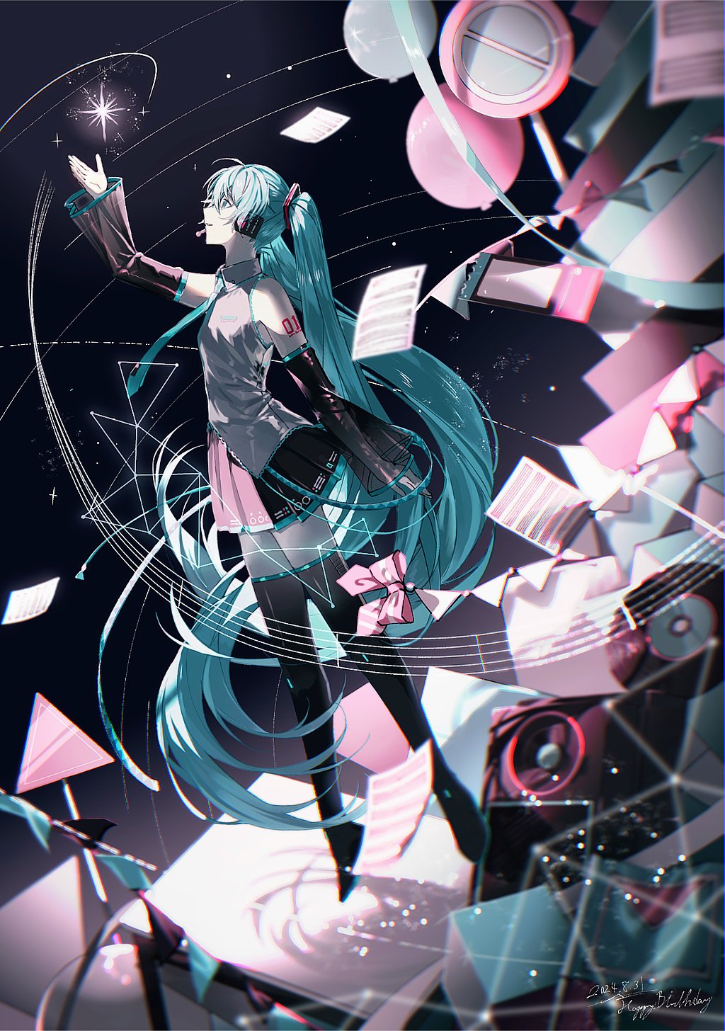 1girl arm_up balloon birthday black_background black_footwear black_skirt black_sleeves black_thighhighs blue_eyes blue_hair blue_trim collared_shirt constellation detached_sleeves energy_ball full_body grey_shirt grin hatsune_miku highres long_hair long_sleeves natsusankinka07 night night_sky one_eye_covered paper record shirt skirt sky sleeveless sleeveless_shirt smile solo speaker star_(sky) thighhighs twintails very_long_hair vocaloid zettai_ryouiki