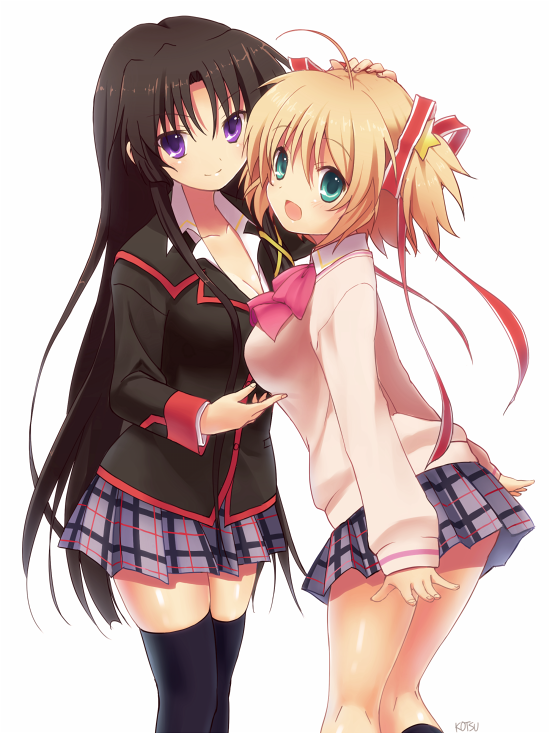 2girls black_hair blonde_hair blue_eyes bow kamikita_komari kotsu kurugaya_yuiko little_busters! long_hair multiple_girls pink_bow plaid_clothes plaid_skirt purple_eyes school_uniform short_hair skirt thighhighs twintails