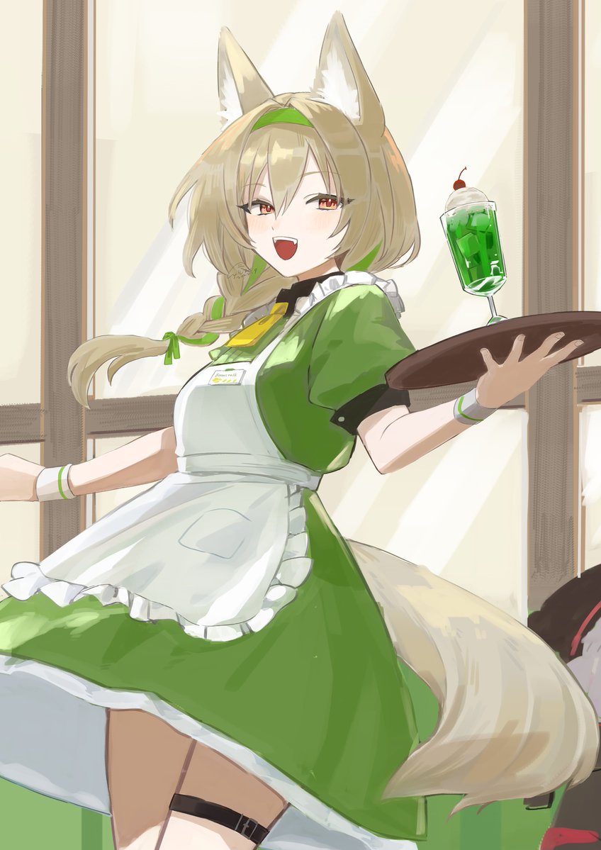 1girl alternate_costume animal_ears apron arknights ascot beanstalk_(arknights) braid breasts colored_inner_hair commentary dress frilled_apron frills green_dress green_hair green_hairband hairband holding holding_tray hyena_ears hyena_girl hyena_tail indoors k-yosinori light_brown_hair long_hair looking_at_viewer medium_breasts melon_soda multicolored_hair open_mouth smile solo tail thigh_strap tray white_apron window yellow_ascot