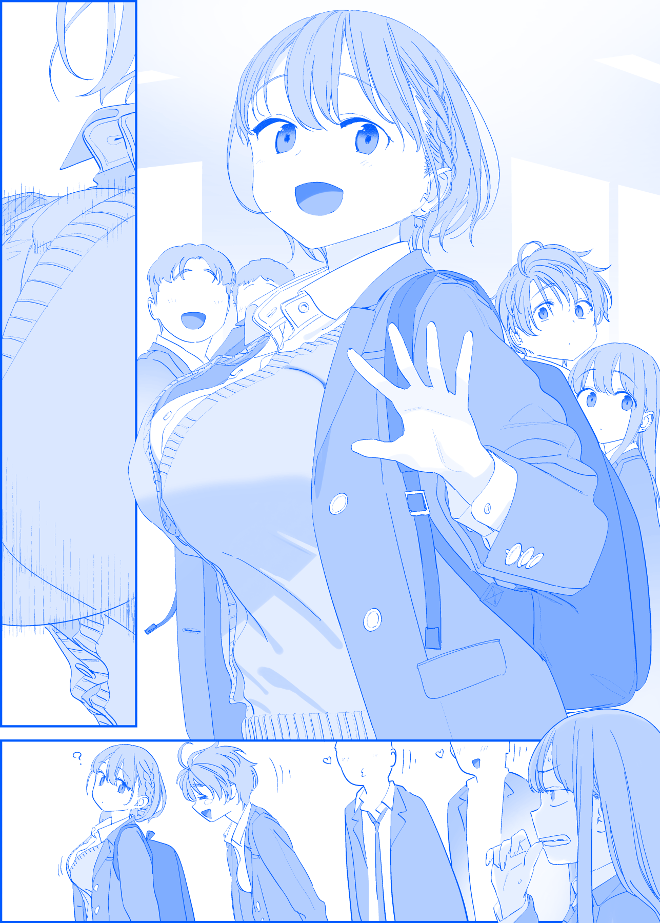 2boys 3girls :d ? ai-chan&#039;s_sister_(tawawa) ai-chan_(tawawa) backpack bag blue_theme bouncing_breasts braid breast_envy breasts clenched_teeth collared_shirt commentary faceless faceless_male fanged_bangs getsuyoubi_no_tawawa hand_up heart highres himura_kiseki jacket large_breasts long_sleeves looking_at_viewer monochrome multiple_boys multiple_girls necktie open_mouth school_uniform shirt short_hair smile sweater_vest teeth volley-bu-chan_(tawawa)