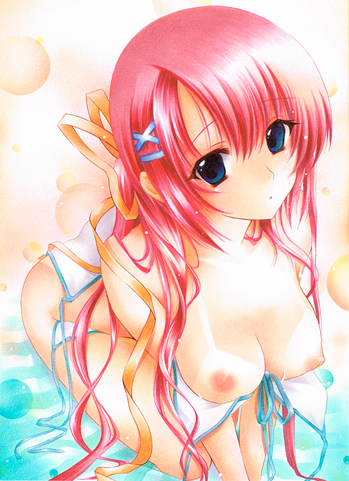 00s 1girl all_fours ayatori bikini bikini_tan blue_eyes breasts da_capo da_capo_ii female_focus hair_ribbon large_breasts long_hair nipples pink_hair ribbon shirakawa_nanaka solo swimsuit tan tanline traditional_media very_long_hair wardrobe_malfunction