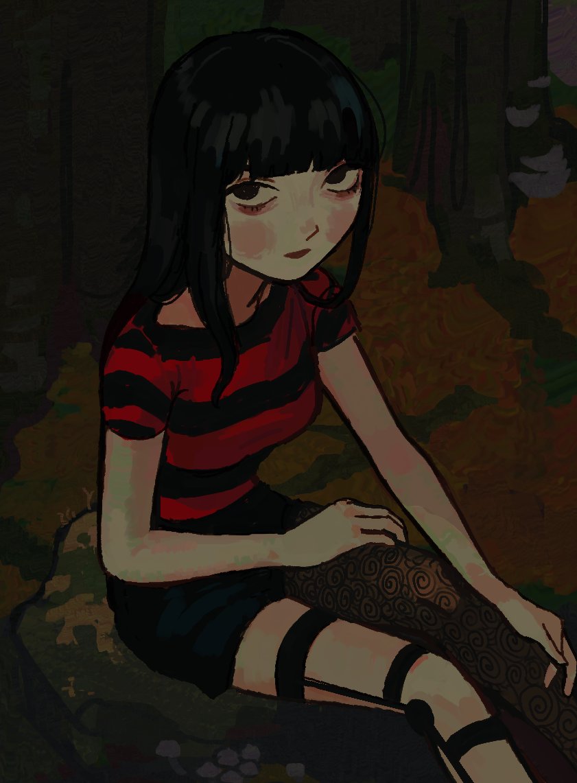 1girl asymmetrical_legwear autumn_leaves black_eyes black_hair black_shorts black_thighhighs blunt_bangs blush breasts commentary dark elbow_rest empty_eyes english_commentary epicanthic_folds forest from_above from_side grass hair_over_shoulder hand_on_own_knee hand_on_own_thigh io_(onisarashi) knee_brace leaf long_hair looking_at_viewer looking_to_the_side looking_up loose_hair_strand mismatched_legwear moss mushroom nature night on_rock original outdoors parted_lips red_shirt rock see-through_clothes see-through_thighhighs shirt short_shorts short_sleeves shorts single_thighhigh sitting small_breasts solo striped_clothes striped_shirt thighhighs tree upturned_eyes