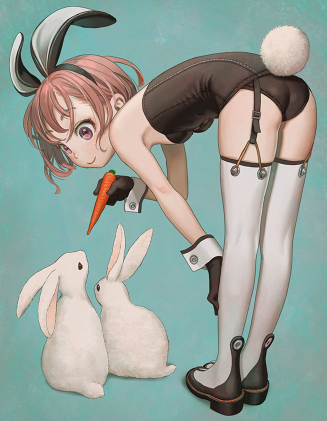 1girl animal animal_ear_hairband animal_ears aqua_background ass bare_shoulders bent_over black_footwear black_gloves black_hairband bob_cut breasts brown_eyes brown_hair bunny_day carrot closed_mouth commentary eyelashes fake_animal_ears fake_tail feeding food from_behind garter_straps gloves hairband hand_on_own_leg holding holding_carrot holding_food holding_vegetable leotard light_blush looking_at_animal looking_at_another looking_down looking_up loose_hair_strand messy_hair murata_range original playboy_bunny rabbit rabbit_ear_hairband rabbit_ears rabbit_tail shoes short_hair small_breasts smile solo stitches strapless strapless_leotard tail thighhighs vegetable white_rabbit_(animal) white_thighhighs wrist_cuffs