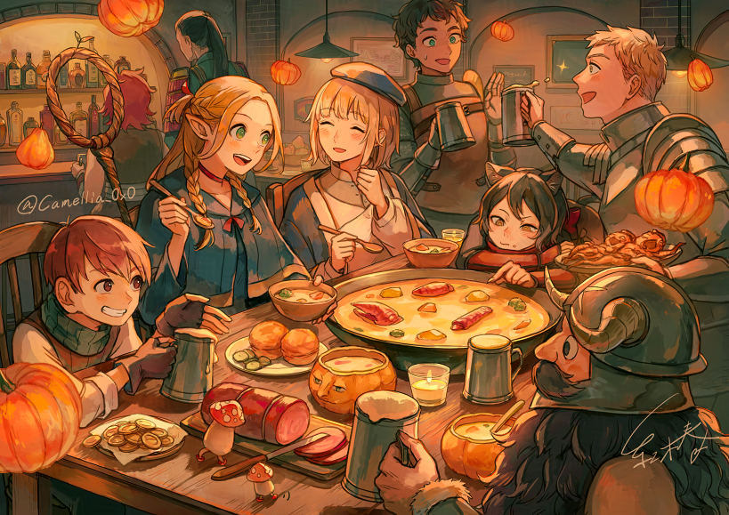 3girls 6+boys akagi_shun animal_ears armor beard black_hair blonde_hair blush bowl braid brown_eyes brown_hair cat_ears character_request chilchuck_tims closed_eyes dungeon_meshi elf facial_hair falin_touden food green_eyes grin helmet holding holding_spoon indoors izutsumi laios_touden long_hair marcille_donato multiple_boys multiple_girls mushroom mustache open_mouth parted_lips pointy_ears pumpkin senshi_(dungeon_meshi) short_hair smile spoon table teeth twin_braids twitter_username upper_teeth_only