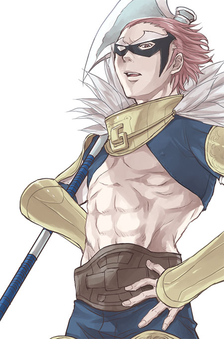 1boy abs axe basilio_(fire_emblem) basilio_(fire_emblem)_(cosplay) battle_axe cosplay eye_mask feather_trim fire_emblem fire_emblem_awakening gerome_(fire_emblem) holding holding_axe male_focus muni_inno nintendo open_mouth pectorals pink_hair weapon