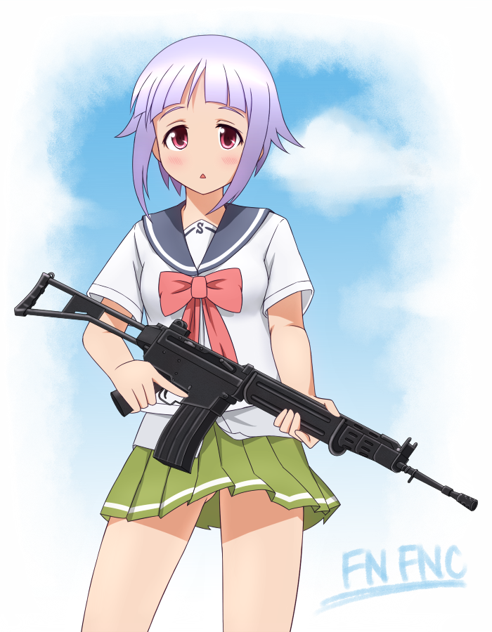 1girl assault_rifle blue_sky blush character_name commentary_request cowboy_shot fn_fnc fnc_(upotte!!) green_skirt gun holding holding_gun holding_weapon mohya partial_commentary pleated_skirt purple_hair red_eyes rifle school_uniform short_hair skirt sky solo trigger_discipline upotte!! weapon