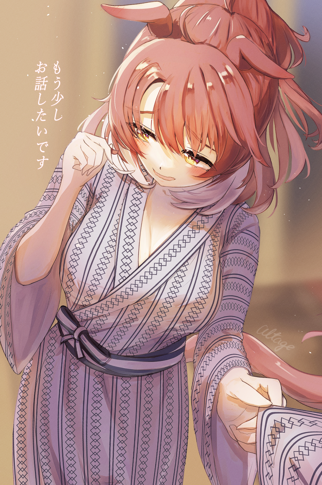 1girl animal_ears artist_name blurry blurry_background breasts brown_eyes brown_hair cleavage collarbone commentary_request dantsu_flame_(umamusume) embarrassed highres horse_ears horse_girl horse_tail japanese_clothes kimono large_breasts orusun pov solo solo_focus tail translation_request umamusume white_kimono