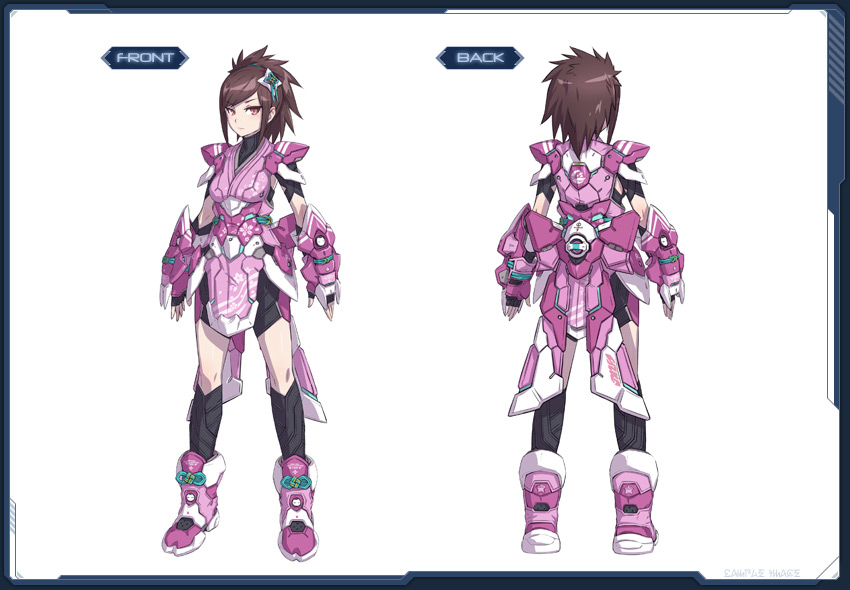 1girl akikazu_mizuno armor brown_hair concept_art hair_ornament japanese_clothes looking_at_viewer momoka_(pso2) multiple_views phantasy_star phantasy_star_online_2 red_eyes sega short_hair simple_background standing turnaround