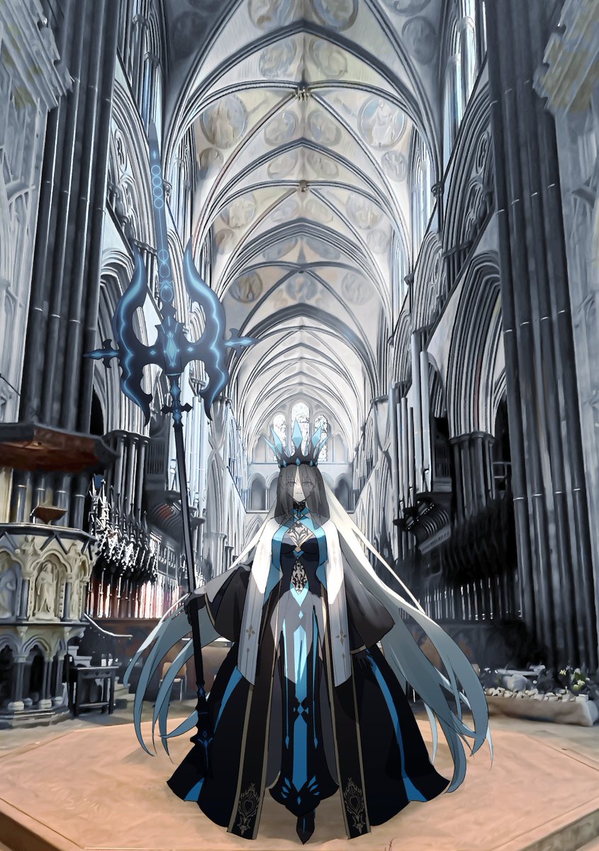 1girl architecture black_dress black_gloves black_veil blue_eyes blue_hair breasts cathedral crown dress european_architecture fate/grand_order fate_(series) full_body gloves gothic_architecture gradient_hair highres holding holding_staff indoors large_breasts long_hair long_sleeves looking_at_viewer morgan_le_fay_(fate) morgan_le_fay_(queen_of_winter)_(fate) multicolored_hair ninjin_(ne_f_g_o) photo_background ponytail salisbury_cathedral solo staff standing vaulted_ceiling veil very_long_hair white_hair wide_sleeves