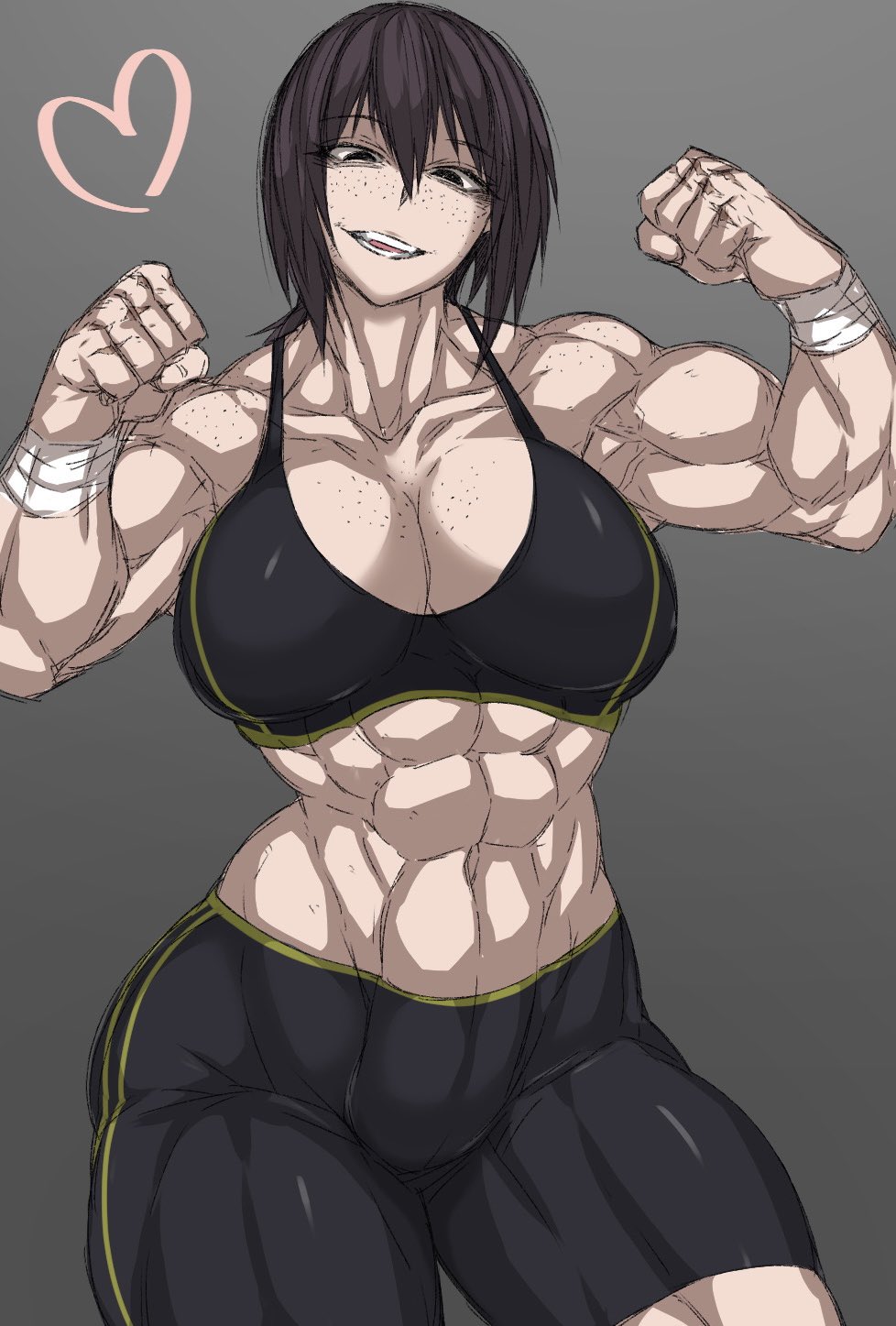 1girl abs bandages black_eyes black_hair female_focus gym_uniform heart highres looking_at_viewer muscular muscular_arms muscular_female muscular_legs original scar smile smirk smug solo takano_togaino_(zokusuke) veins zokusuke