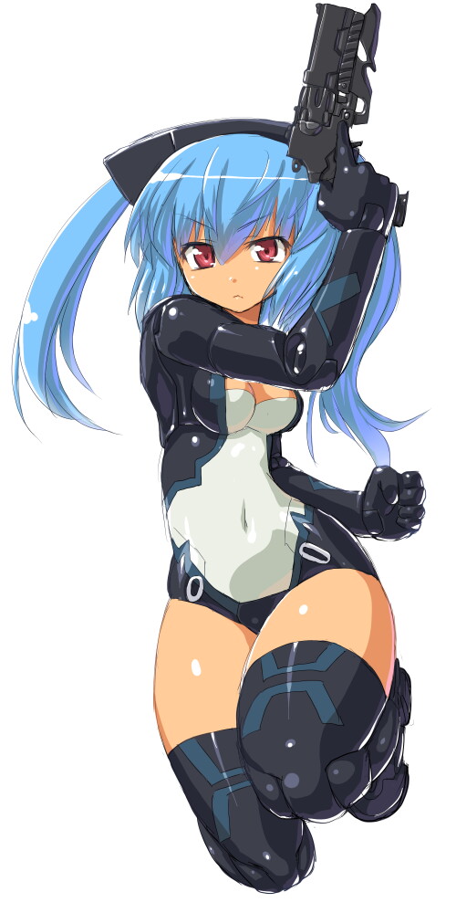 &gt;:&lt; 10s 1girl :&lt; bad_id bad_pixiv_id black_footwear black_thighhighs blue_hair boots breasts busou_shinki cleavage clenched_hand closed_mouth covered_navel dd_(ijigendd) doll_joints female_focus frown full_body gloves gun hair_between_eyes hand_up handgun hip_focus joints kneeling leotard long_hair long_image looking_at_viewer pistol red_eyes serious simple_background small_breasts solo strarf tall_image tan thigh_boots thighhighs thighs trigger_discipline twintails v-shaped_eyebrows weapon white_background