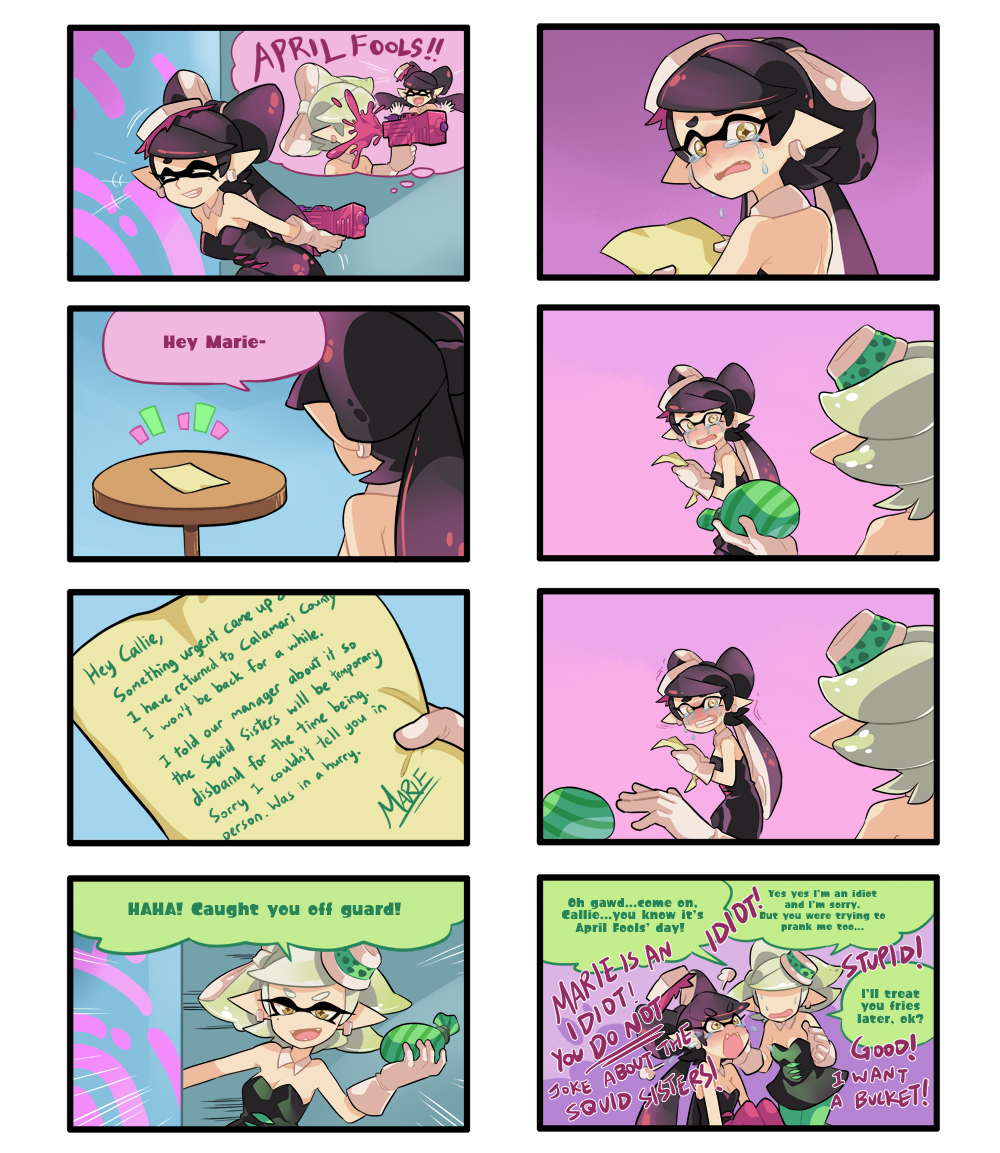 +_+ 2girls 4koma angry april_fools arms_behind_back black_dress black_hair black_jumpsuit blush burst_bomb_(splatoon) callie_(splatoon) character_name comic commentary cousins crying crying_with_eyes_open detached_collar dress earrings english_text faceless faceless_female fangs food food_on_head fume gomipomi green_legwear grey_hair grimace grin holding holding_weapon inkling jewelry jumpsuit leaning_forward long_hair looking_at_another looking_at_viewer looking_back marie_(splatoon) mask mole mole_under_eye multiple_girls nintendo note object_on_head peeking_out pointy_ears purple_legwear short_dress short_hair short_jumpsuit sitting smile splattershot_jr._(splatoon) standing strapless strapless_dress sushi table tears tentacle_hair trembling weapon