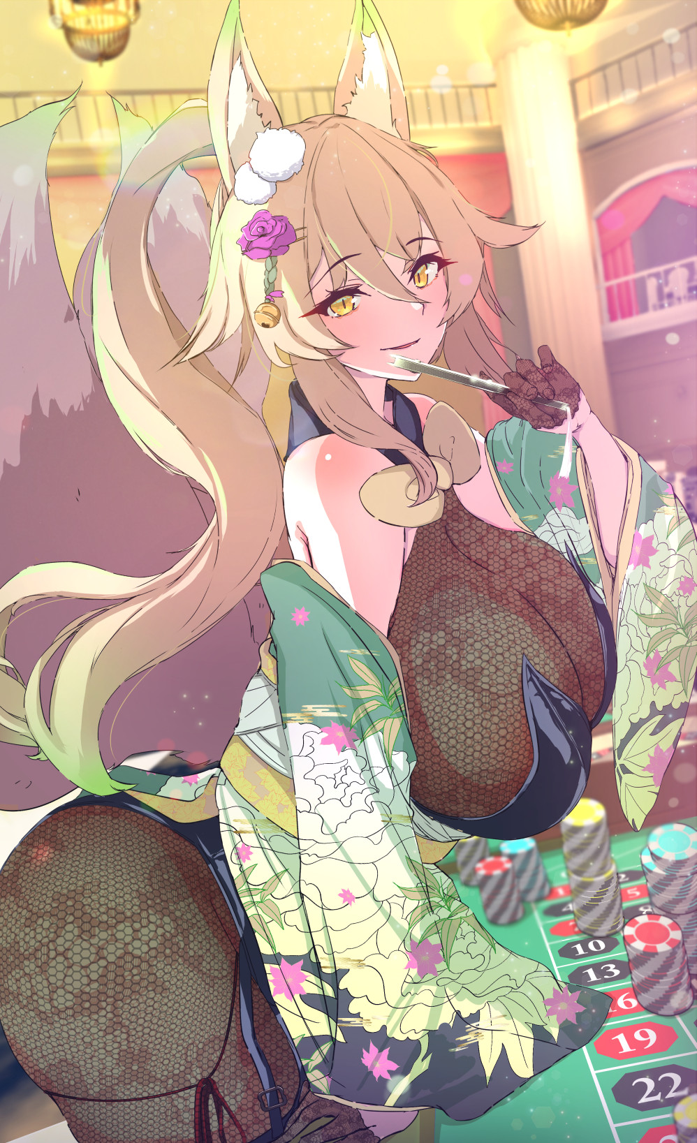 1girl animal_ear_fluff animal_ears bare_shoulders blonde_hair bodysuit borrowed_character breasts casino cleavage fishnet_bodysuit fishnets flower folded_fan folding_fan fox_ears fox_girl fox_tail hair_between_eyes hair_flower hair_ornament hand_fan highres holding holding_fan indoors japanese_clothes kimono large_breasts leotard long_hair looking_at_viewer off_shoulder original parted_lips playboy_bunny poker_chip ponytail purple_flower purple_rose rose solo suirin_(tukikagerou) table tail thighs yamabuki_ryuu yellow_eyes