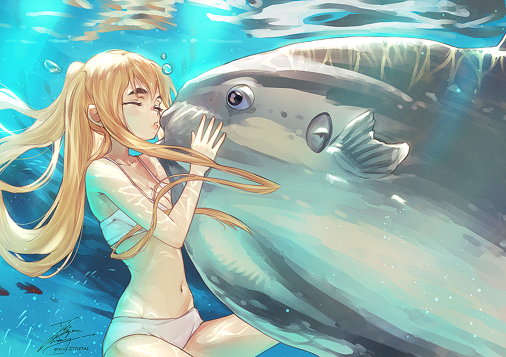 1girl air_bubble animal animal_focus bikini black_eyes blonde_hair bubble closed_eyes commentary commentary_request commission english_commentary fadingz fish k-on! kiss kissing_animal kotobuki_tsumugi long_hair ocean_sunfish refraction skeb_commission swimsuit twintails underwater underwater_shot water white_bikini