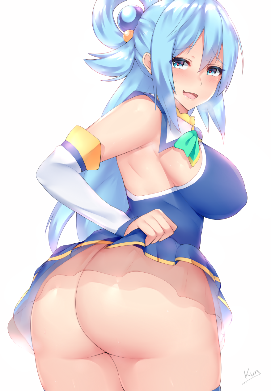 1girl aqua_(konosuba) ass bare_shoulders blue_eyes blue_hair blue_legwear blue_shirt blue_skirt bow breasts commentary commentary_request covered_erect_nipples detached_sleeves female_focus from_behind green_bow hair_between_eyes hair_ornament hair_rings heart heart-shaped_pupils highres hip_focus huge_ass kono_subarashii_sekai_ni_shukufuku_wo! kuavera large_breasts long_hair looking_at_viewer no_panties open_mouth shirt sideboob simple_background skirt smile solo standing symbol-shaped_pupils white_background wide_hips x_hair_ornament