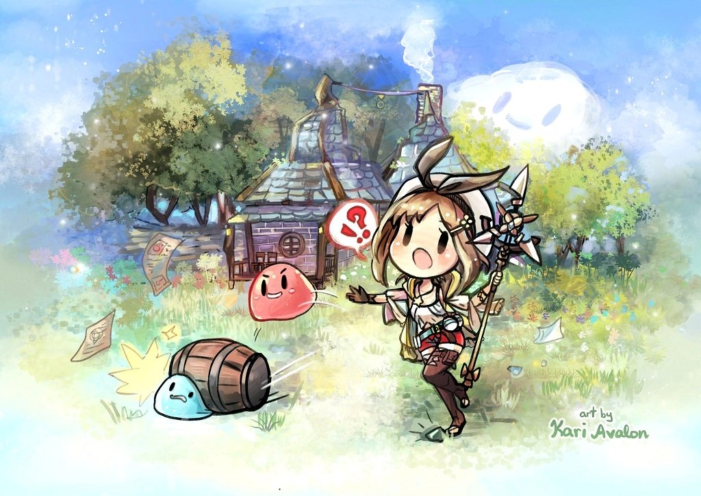 !? 1girl :o artist_name atelier_(series) atelier_ryza atelier_ryza_1 barrel beret blue_sky brown_eyes brown_hair chibi cloud commentary day english_commentary full_body grass hair_ornament hairclip hat house kari_avalon open_mouth outdoors paper puni_(atelier) red_shorts reisalin_stout ribbon second-party_source short_hair shorts sky solid_oval_eyes spoken_interrobang standing tree