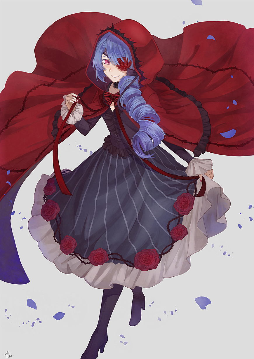 1boy blue_hair boots eyepatch full_body highres hirayama_ityu hood i-chu kagurazaka_runa long_hair looking_at_viewer male_focus red_eyes smile solo trap