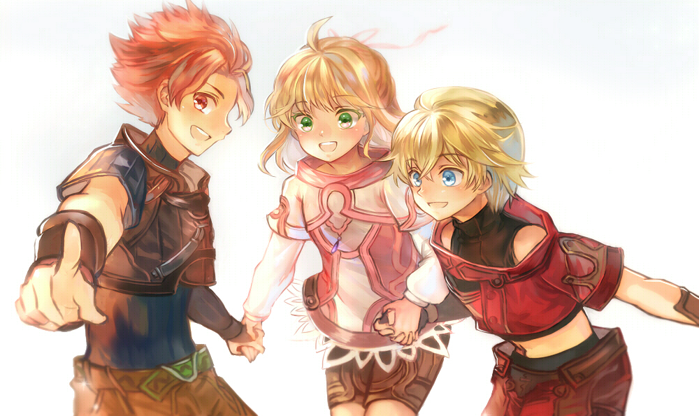 1girl 2boys aged_down blonde_hair child fiora_(xenoblade) midriff multiple_boys nadir_(nadirnek) nintendo red_hair reyn_(xenoblade) shulk_(xenoblade) xenoblade_chronicles_(series) xenoblade_chronicles_1