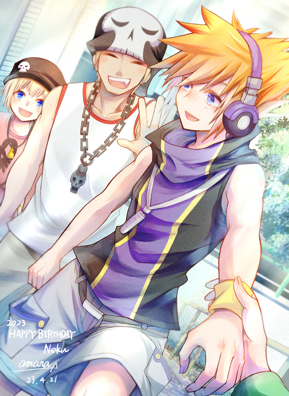 1girl 2boys amana-yaoyono beanie bito_daisukenojo bito_raimu blonde_hair blue_eyes chain chain_necklace closed_eyes collarbone commentary dated digital_media_player digital_walkman happy happy_birthday hat headphones highres jewelry looking_at_viewer male_focus multiple_boys necklace open_mouth orange_hair outdoors pov pov_hands purple_headphones sakuraba_neku short_hair shorts skull_print sleeveless smile spiked_hair subarashiki_kono_sekai tank_top white_shorts white_tank_top wristband