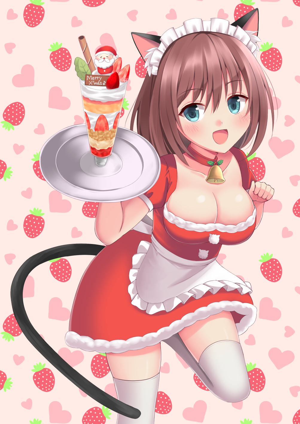 1girl animal_ears bell blue_eyes blush breasts brown_hair cassis_(orleans13x) cat_ears christmas cleavage collar dress food fruit highres holding large_breasts looking_away maid maid_headdress medium_hair merry_christmas open_mouth original santa_costume simple_background smile solo strawberry tail thighhighs thighs