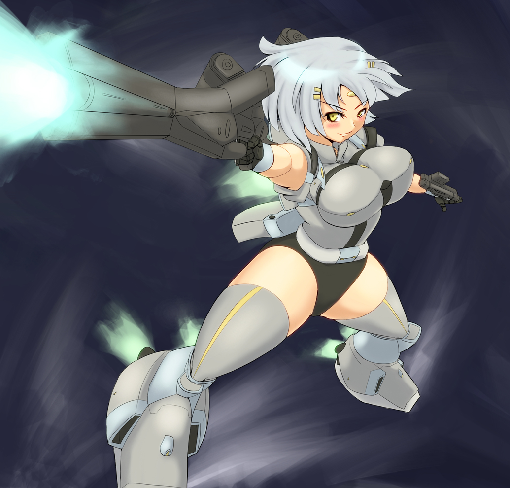 1girl armored_core armored_core_last_raven breasts energy_gun female_focus firing fromsoftware high_laser_rifle jack-o laser_rifle mecha_musume solo standing weapon