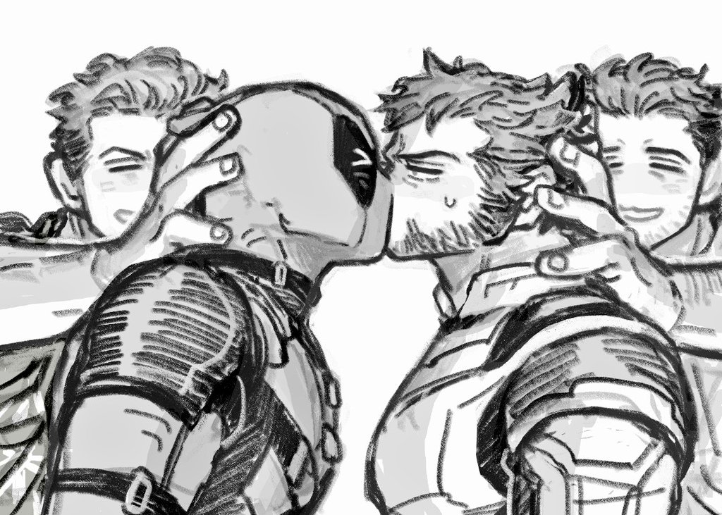 &gt;_&lt; 4boys beard closed_eyes commentary_request deadpool deadpool_&amp;_wolverine deadpool_(series) dishing facial_hair forced_kiss fudanshi greyscale hand_on_another&#039;s_head hugh_jackman kiss korean_commentary large_pectorals male_focus marvel mask mature_male monochrome multiple_boys muscular muscular_male pectorals ryan_reynolds short_hair smile superhero_costume sweatdrop two-tone_bodysuit wolverine_(x-men) x-men yaoi