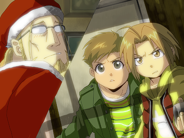 3boys alphonse_elric blonde_hair brothers casual christmas edward_elric family fullmetal_alchemist hat male_focus mikumo_sena multiple_boys santa_costume santa_hat shirt siblings square_enix striped_clothes striped_shirt van_hohenheim yellow_eyes