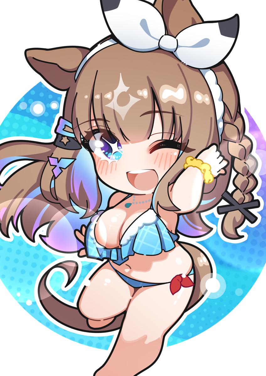 1girl almond_eye_(umamusume) alternate_costume bikini blush braid breasts chibi cleavage collarbone deformed full_body hair_between_eyes hair_ornament hairclip highres jewelry long_hair looking_at_viewer medium_breasts navel necklace one_eye_closed solo swimsuit teeth umamusume upper_teeth_only warashi